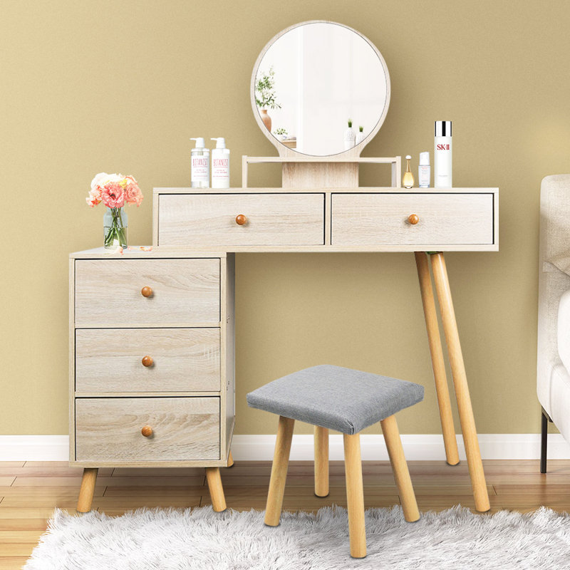 Dragana Classic 2 Drawers Vanity Table with Mirror and Stool Countryside Makeup Dressing Table
